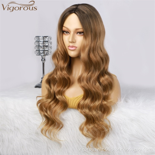 Vigorous Top Quality Cheap Long Ombre Black To Brown Wavy Wigs Middle Part High Temperature Synthetic Wigs For Black Women
